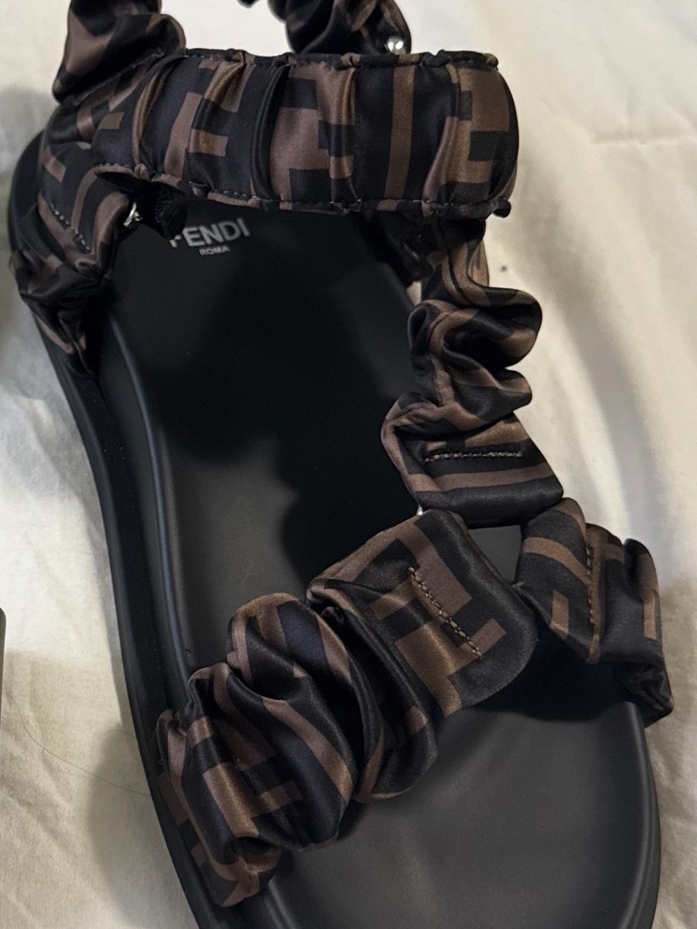 Fendi Black and Brown FF Logo Ruched Slide Sandal WITH BOX